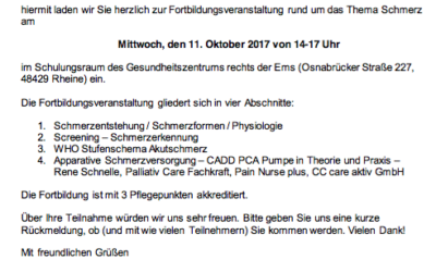 “Schmerzmanagement in der Pflege” am 11. Oktober in Rheine