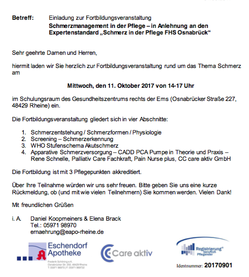 “Schmerzmanagement in der Pflege” am 11. Oktober in Rheine